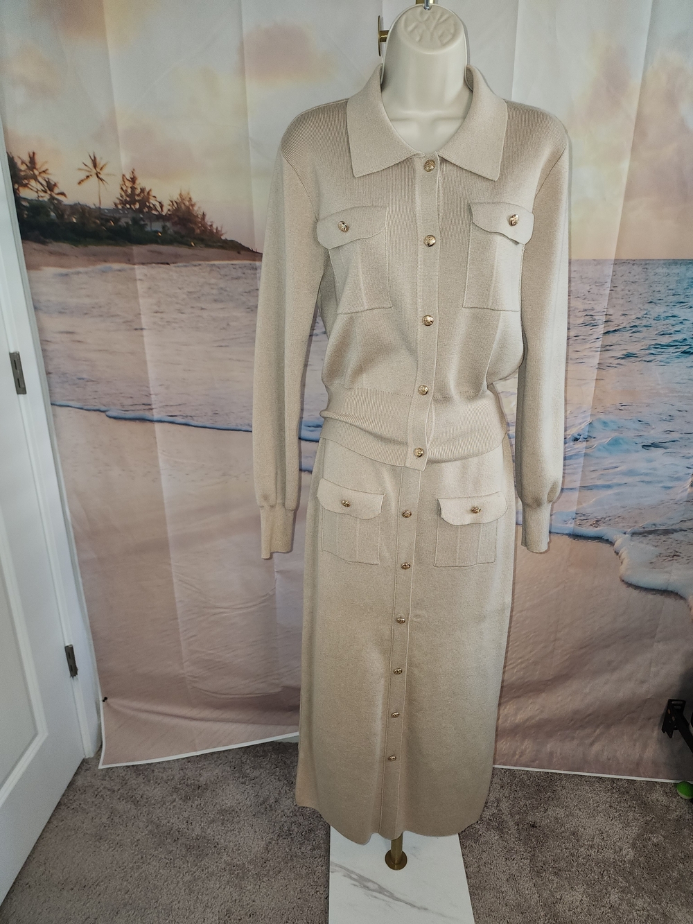 COMMENSE Beige Button-Front Knit Two Piece Set with Pocket Details